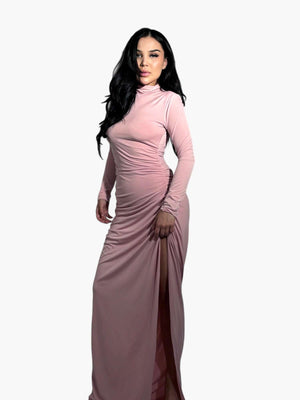 Yırtmaç Detaylı Pembe Elbise