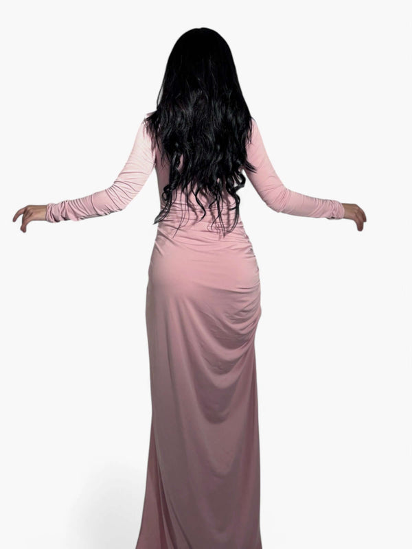 Yırtmaç Detaylı Pembe Elbise