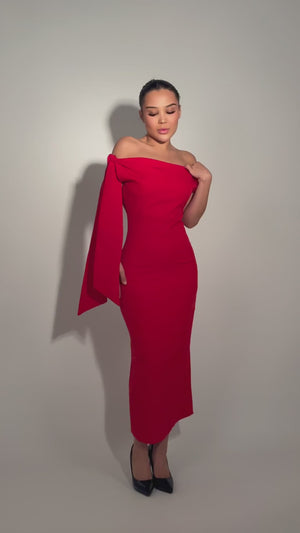 Red Long Dress with Bow Detail