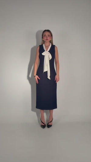 Sleeveless Navy Blue Tweed Dress with Scarf 